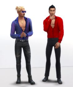 two animated men standing next to each other in front of a white background and one wearing black pants