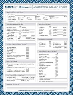 an apartment hunting checklist is shown in this blue and white printable form,