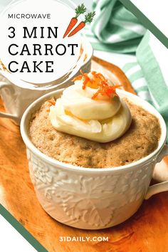 a close up of a bowl of food with carrots on top and the words 3 min carrot cake above it