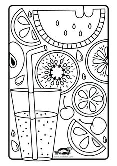 a coloring page with fruit and juices