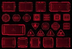 a bunch of red and black objects on a black background with some lines in the middle