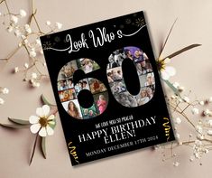 a black and white 60th birthday card with photos on it, surrounded by some flowers