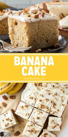 a banana cake with white frosting and pecans on top, sliced into squares