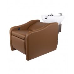 a brown chair with a white sink in the back and one arm rest on it