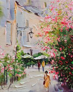 a painting of people walking down a street with flowers in the foreground and buildings on either side