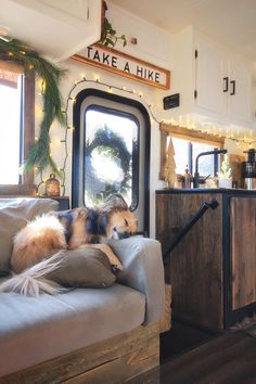 a dog laying on top of a couch next to a wooden table with lights around it