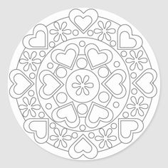 a coloring page with hearts and clovers in the center, on a white background