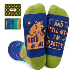 BEAR GIFTS: Step into the wild with our funny bear socks, designed for both men and women. These creatively designed socks feature brown bears, flickering fires, moutains, and serene trees under a moonlit night, with funny sayings "FEED ME AND TELL ME I'M PRETTY" on the soles. BEAR SOCKS: They make funny gifts for moms and dads on special occasions like birthdays, Father's Day, Mother's Day, Valentine's Day and Christmas. SIZE & PACKAGE: Our unisex design fits most men's US size 6-13 feet and mo Funny Socks For Men, Bear Socks, Silly Socks, Art Transportation, Brown Bears, Christmas Wedding Gifts, Moonlit Night, Funny Bears, Funny Mom Gifts