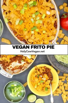 the ingredients to make vegan frito pie are shown in bowls and on plates