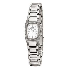 Created exclusively for Helzberg, this 28-millimeter Citizen watch with a bonus bracelet is the epitome of a classic timepiece. From the rectangular white dial to the stainless steel bracelet with Swarovski® crystal accents, the set is smart and beautiful. Tailor your look with a matching bracelet that offers sure-to-turn heads potential. Citizen has pioneered watchmaking for over 100 years, achieving excellence through innovation, creativity and craftsmanship. Guided by these cornerstones, they Watch Silver Women, Silver Watch Women, Silver Bracelet Watch, Silver Watches Women, Wishlist Ideas, Watch Set, Crystal Watches, Citizen Watch, Watch Bracelet