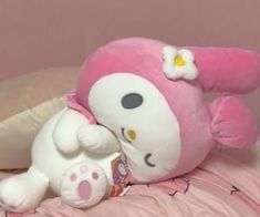 My Melody plush winking, laying on its side. Charmmy Kitty, Hello Kit, Kawaii Plushies, Pink Themes