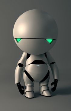 a white robot with green eyes standing in front of a gray background