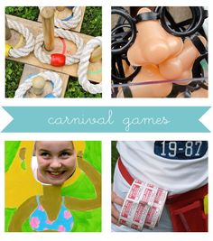 several different pictures with the words carnival games written on them and images of people in costumes