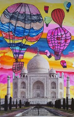 a painting of hot air balloons flying over the taj