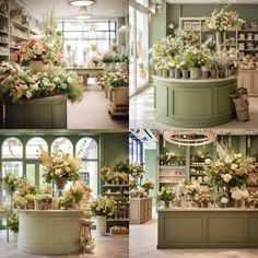 the interior of a flower shop with flowers on display