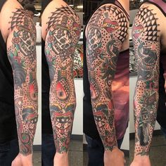 three different views of a man's arm with tattoos on it and the other half sleeve