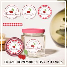 the label for edible homemade cherry jam labels is shown in red and white checkered