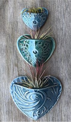 three ceramic heart shaped planters with air plants in them