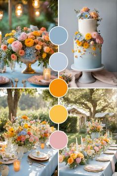 the table is decorated with flowers, candles and plates for an elegant wedding reception in pastel colors