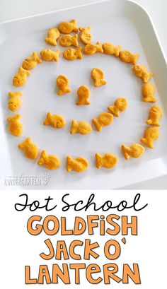 a white plate topped with goldfish jack o'lantern snacks and text that reads, got school goldfish jack o lanterns