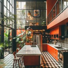 an orange kitchen with black and white checkerboard flooring is pictured in this image