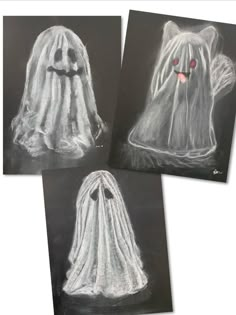 Three chalk pastel drawings on black paper. One ghost looks like a cat. Chalk Ghost Drawing, Charcoal Ghost Drawing, Halloween Art Projects Kindergarten, Spooky Drawing Reference, Halloween Chalk Pastel Art, Color Monster Art Lesson, Halloween Art Project Middle School, Easy Halloween Art Projects For Elementary, Fall Art Classroom