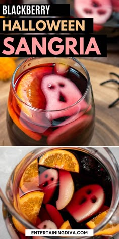 halloween sangria with orange slices in it and the words blackberry halloween sangria on top