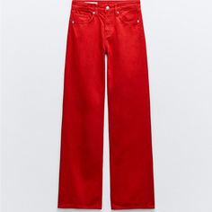 Red Denim Pants Cheap Red Pants, Red Straight Pants, Womens Red Jeans, Straight Leg Red Jeans, Floral Pantsuit, Zebra Pant, Jumpsuit Jeans, Red Denim Jeans, Zara Fall