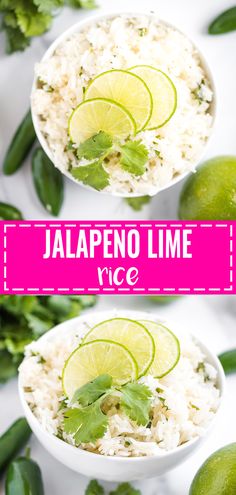 two white bowls filled with rice and limes