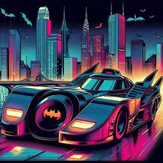 a batman car in front of a city skyline