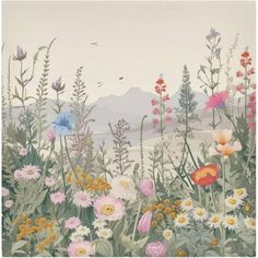 an image of a field with flowers and birds