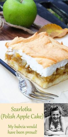 a piece of cake sitting on top of a white plate next to an apple and fork