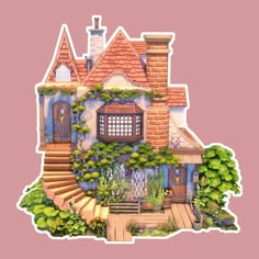 a drawing of a house with stairs and plants on the front door, surrounded by greenery