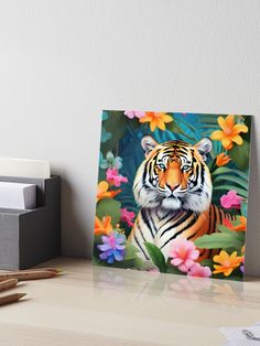 a tiger surrounded by tropical flowers and leaves art board print