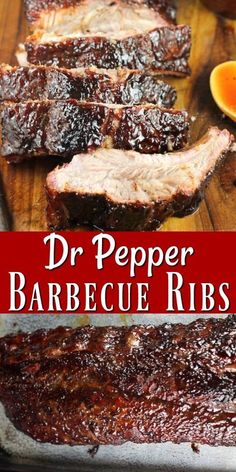 dr pepper barbecue ribs on a cutting board with bbq sauce in the background and text overlay that reads, dr pepper barbecue ribs