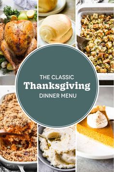 the classic thanksgiving dinner menu with images of turkey, stuffing and other dishes in it