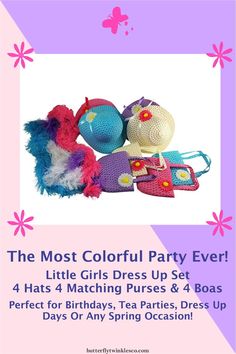 Spice up your little girl's next party with this Party Pack from Butterfly Twinkles.  It comes with four colorful hats, four matching purses and four soft boas all coming in the colors of ivory, bright pink, purple and blue.  Make her next party a huge success without emptying your bank account! Colorful Hats, Colorful Hat, Colorful Party