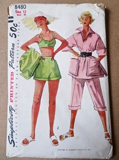 Fabulous 1952 Simplicity sewing pattern for a full beach ensemble: shorts, pedal pushers, beach jacket, and bra top. (See photos for full description of garment details.) This is an **original** vintage pattern from the 1950s, not a reproduction or copy! Misses' vintage size 12 for a bust of 30", waist 25", hip 33". (Corresponds to a modern size misses 00 or 0.) The pattern is uncut and still factory folded. Moderate wear to envelope with a partially opened side, small tears and lightly crumpled edges. Great, bright illustrations! Thanks for having a gander! Your vintage pattern will arrive newly pressed and packaged in plastic for protection. I'm happy to combine shipping on multiple purchases and any shipping overcharges will be immediately refunded to you. Please also take a look at my Vintage Beachwear, Bra Sewing Pattern, 1950s Patterns, Patron Vintage, Bra Sewing, Petal Pushers, Pedal Pushers, Pull Oversize, Motif Vintage