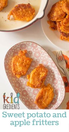 sweet potato and apple fritters on a plate next to a bowl of fried potatoes