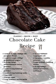 chocolate cake recipe on a white plate