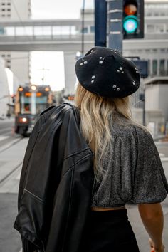 Indulge in the luxurious Last Night beret, made from a wool blend with metallic stud clusters. The sophisticated blue and black color adds elegance to any outfit, while the 57cm size offers a perfect fit. Made with 90% wool and 10% nylon for ultimate comfort and style. Black Fitted Beret For Fall, Fitted Black Beret For Fall, Elegant Black Beret For Party, Black Wool Beret For Fall, Chic Black Beret For Winter, Elegant Black Beret For Fall, Chic Black Winter Beret, Elegant Fall Beret, Elegant Fall Party Beret