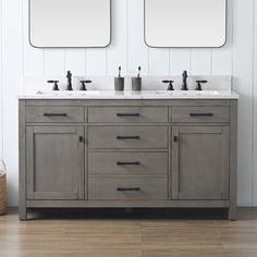 Maximize your bathroom space with this 60" vanity. Featuring beautiful weather wood grain veneer paired with a natural blue limestone top. Available in weathered gray or weathered natural with matte black hardware Sudio Design Base Finish: Textured Gray, Top Finish: Carrara White Sudio Design Jasper 60" Double Bathroom Vanity - Vanities in Textured Gray/Carrara White | Size 34" H X 60" W X 22" D | Perigold 60 Vanity, Blue Limestone, Second Bathroom, 2024 Bathroom, 60" Vanity, Farmhouse Grey, Extra Shelf, Rooms Ideas, Matte Black Hardware