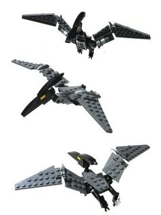 three legos are flying in the air with one being a jet and another is a helicopter