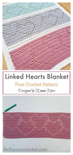 a crocheted blanket with the words linked hearts blanket written in white and pink