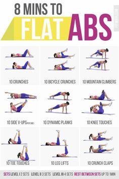 a woman doing the 8 mins to flat abs with her arms and legs in different positions