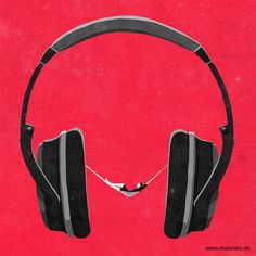 an image of a pair of headphones hanging from a string on a red background