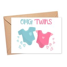 a card with two baby ones hanging from it's clothes and the words omg twins