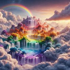 a rainbow waterfall surrounded by clouds with a rainbow in the sky and trees on top