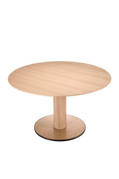 a round wooden table with an oval base and black trim around the edge, against a white background