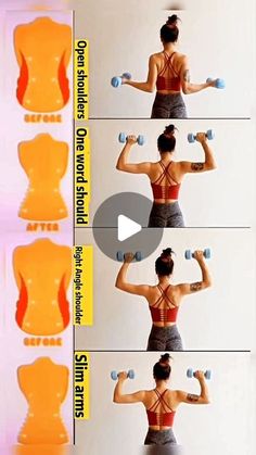 the woman is doing exercises with dumbbells in front of her face and back